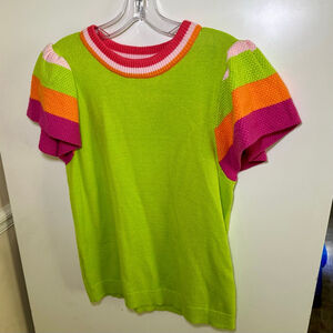 Women's Short Sleeve Lime Green Sweater with Pink and Orange Ruffled Sleeves S